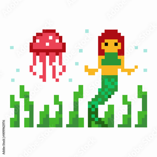 Pixel art mermaid and jellyfish undersea world retro gaming aquatic scene