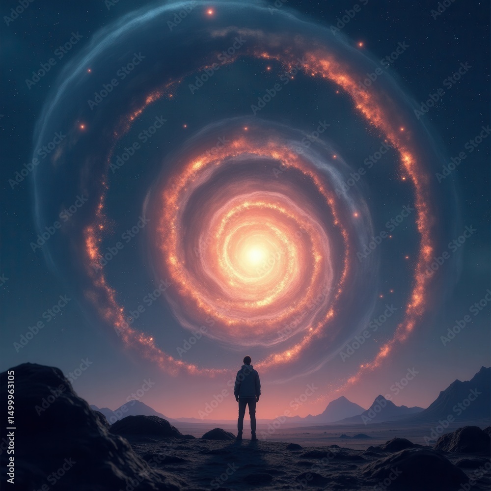 Celestial Wonder: Figure on Alien Terrain Before Swirling Cosmos Celestial Wonder: Figure on Alien Terrain Before Swirling Cosmos