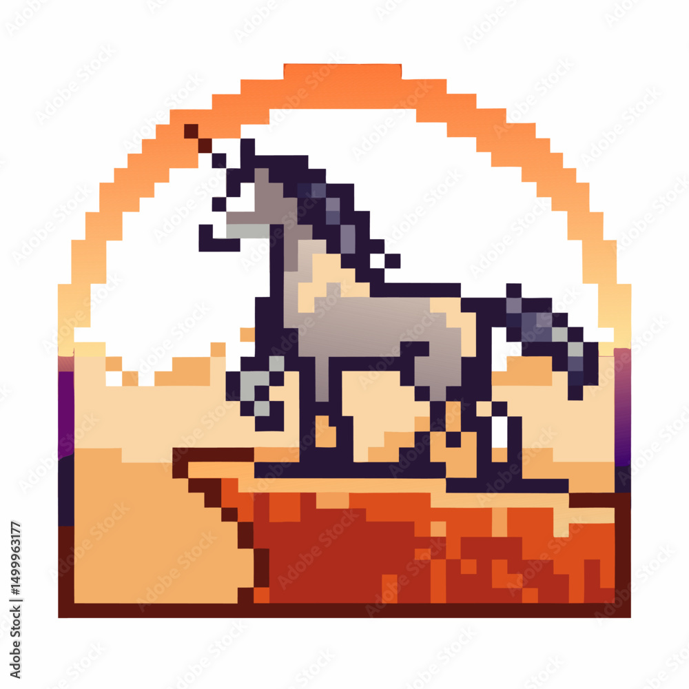 Obraz premium Pixelated unicorn standing on cliff at sunset, retro fantasy art