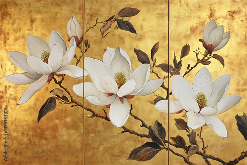 Three panel screen showcases magnolia blossoms and foliage against a golden backdrop with textured surface