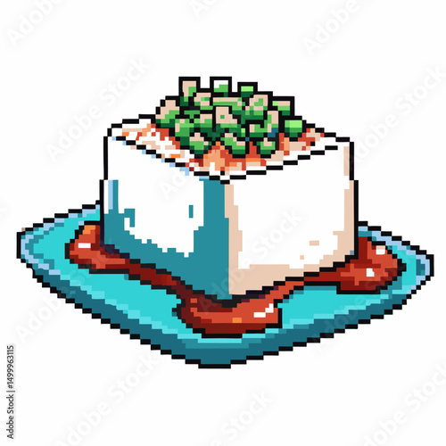 tofu garnished with scallions in pixel art on blue plate and red sauce delicious digital food illustration