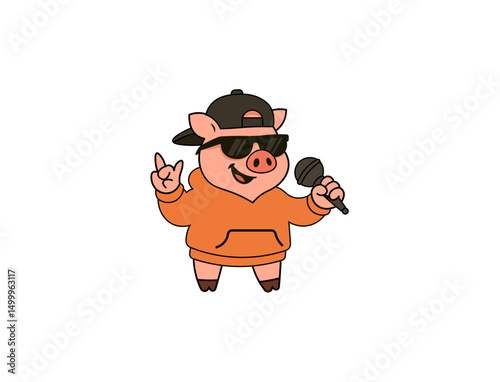 Vector illustration of a cartoon pig holding a hand microphone	