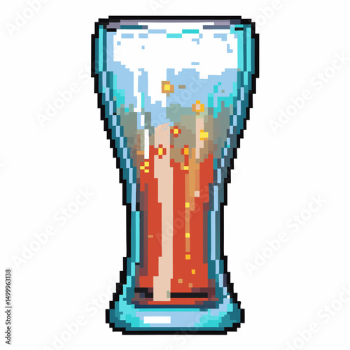 pixel art beer glass with bubbles retro digital design, video game aesthetic refreshing beverage, classic pint