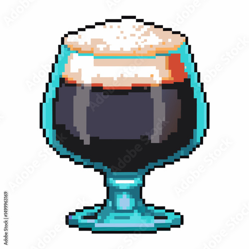 Pixel art glass with dark beer and frothy head retro gaming beverage illustration, vibrant colors