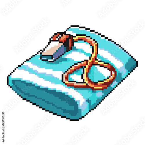 retro pixel art whistle on towel vintage sports item illustration, blue fabric, fitness theme