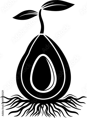 stylized avocado with seedling growing, symbolizing growth and renewal black and white illustration of nature's bounty