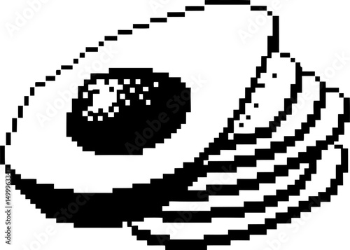 Pixel art avocado with sliced pieces retro digital fruit design, monochrome