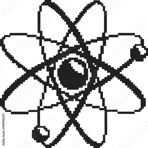 Stylized atomic structure illustration showing orbits and nucleus in black and white