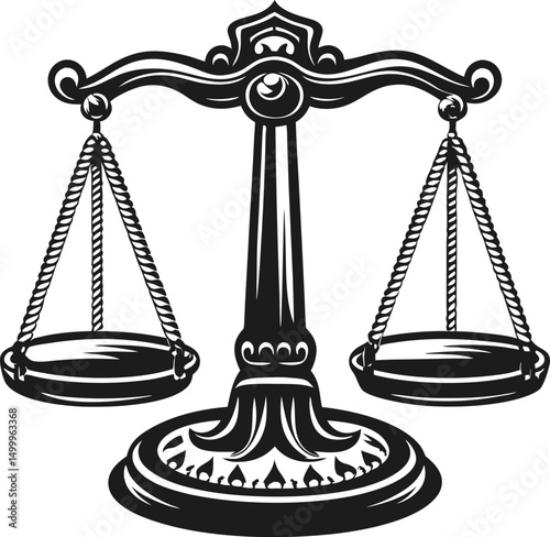 vintage balance scale illustration symbolizing justice and equality, ornate design, black and white contrast