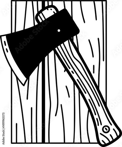 woodcutter tool, classic axe on wooden plank rustic lumberjack equipment, vintage woodworking design