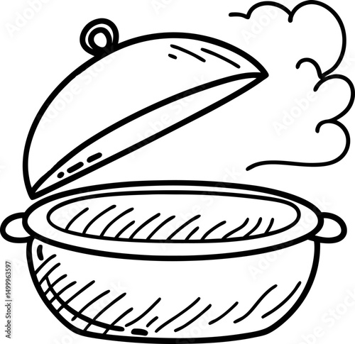 steam rising from a rustic cooking pot with open lid hand drawn illustration of kitchenware, food preparation, culinary steam