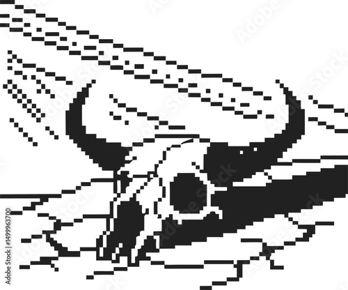 digital pixel art of deserted landscape with horned animal skull