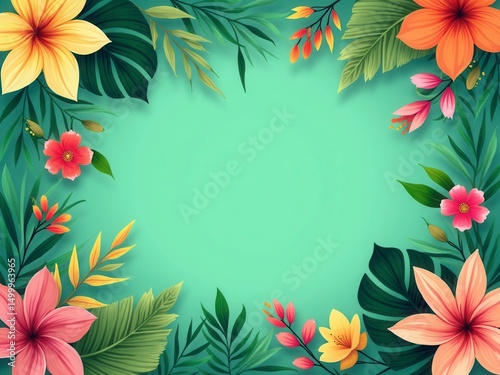 Tropical Floral Frame with Teal Background