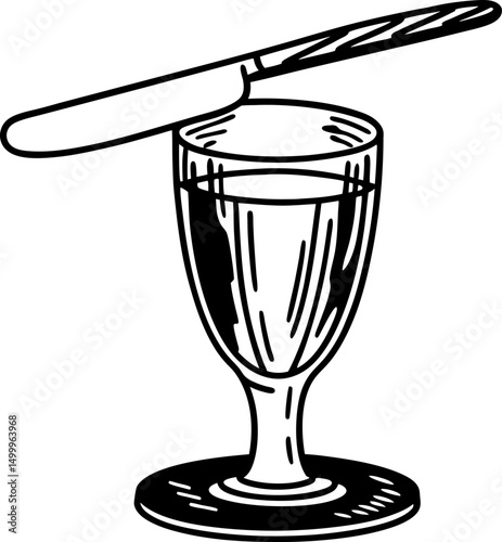 elegant wine glass with knife balanced on rim black and white drawing of table setting for dining etiquette