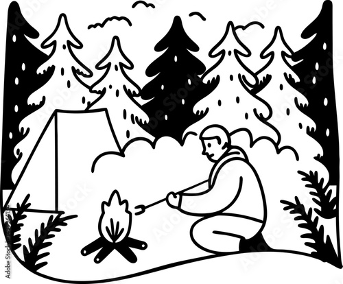 camping adventure, person roasting marshmallows by campfire in forest outdoor nature, pine trees backdrop