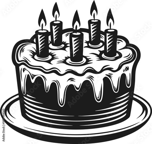 vintage birthday cake illustration with candles on a platter retro dessert design for celebration