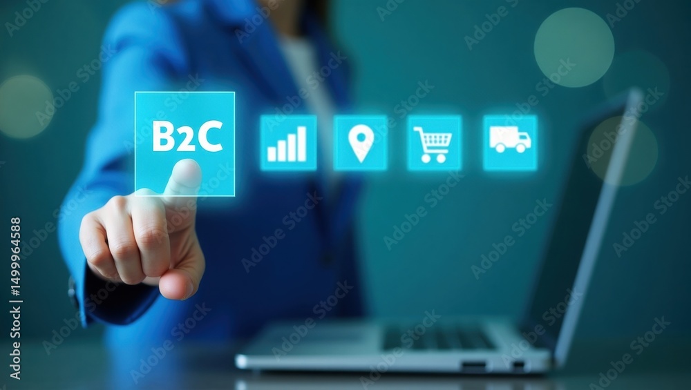 A hand interacting with digital business-to-consumer icons on a laptop screen. A hand interacting with digital business-to-consumer icons on a laptop screen.
