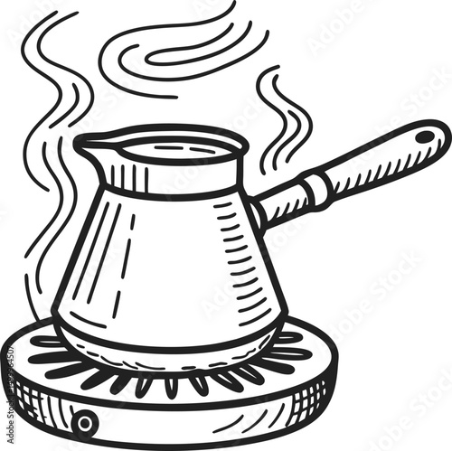 hand drawn cezve on stove with steaming hot coffee traditional brewing, aromatic morning drink sketch