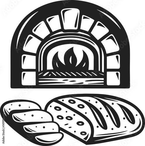 Rustic bread oven illustration wood fired baking, fresh loaves, artisan bakery concept
