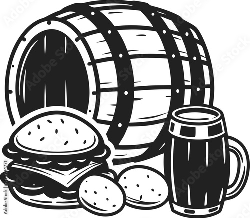 Rustic barrel ale, beer mug, and traditional burger scene with classic snacks