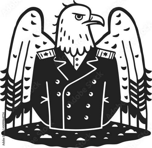 eagle in military uniform black and white illustration of powerful bird, symbol of strength and authority