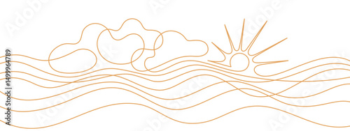 Sun, cloudy weather, sea. Art one line vector sky