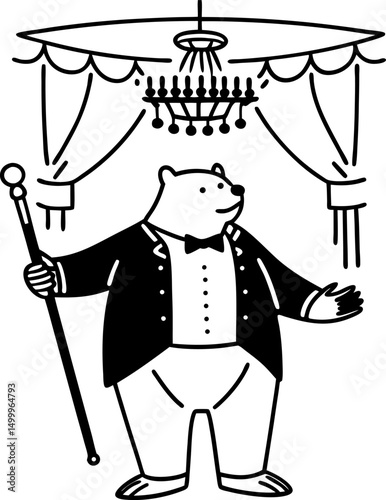 bear in formal attire under chandelier illustration fancy bear character in tuxedo and bow tie