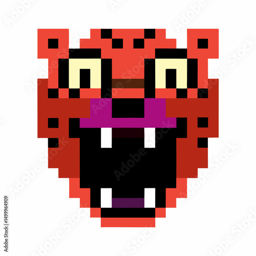 Pixelated tiger face, retro 8 bit art bold expression, open mouth, red and purple colors