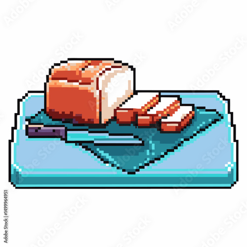 Pixel art bread loaf on cutting board with slices and knife, retro game