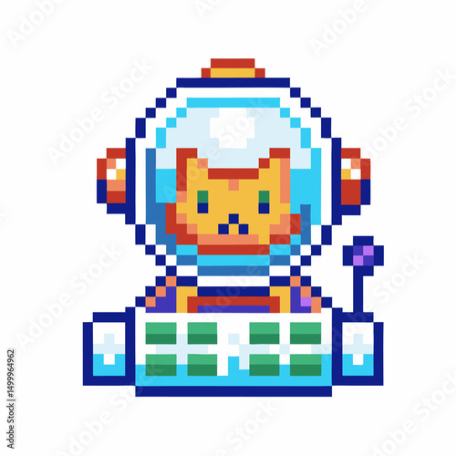 Pixel art cat astronaut in space retro video game style, colorful space suit and helmet design