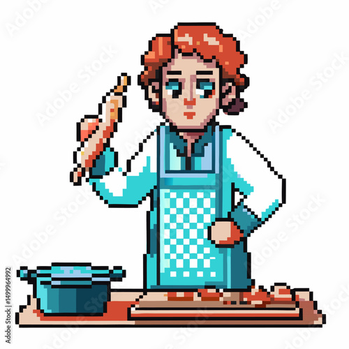 pixel chef crafting food retro video game character, pixelated cooking scene with apron and knife