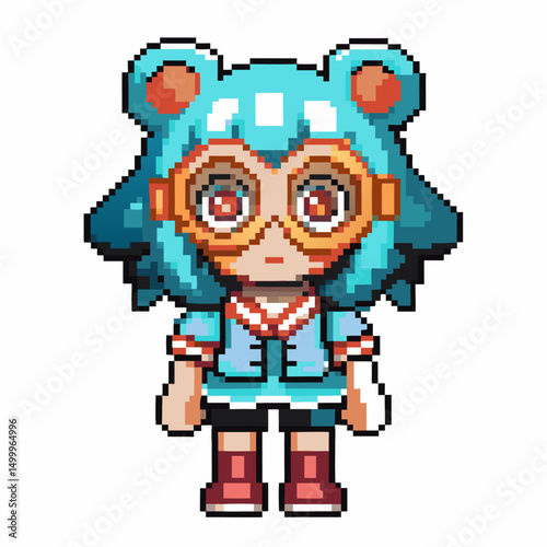 Pixel art character, blue hair and goggles retro video game with vibrant colors and playful design
