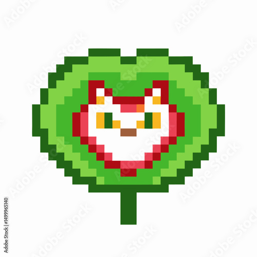Pixel art cat in green heart shape red and white feline graphic on white background
