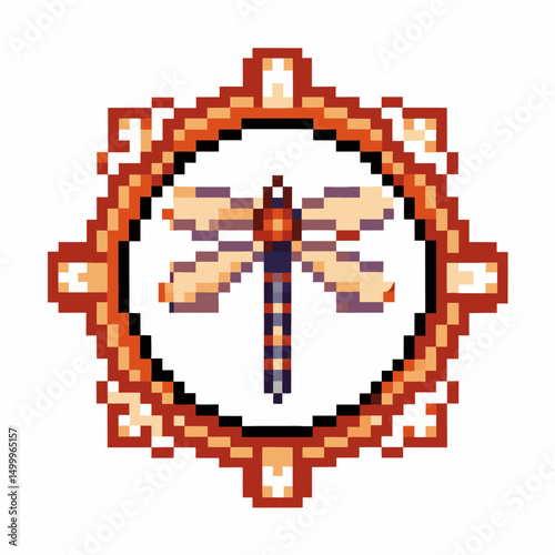 Pixelated dragonfly emblem retro 8 bit art design in ornate circular frame