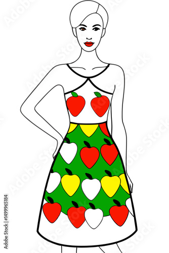 Fashion illustration of a woman wearing a colorful fruit-patterned dress  
