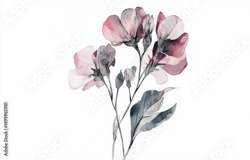 Delicate watercolor blossoms. Soft pink and grey flowers and leaves on white