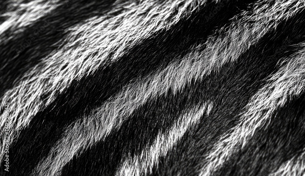 Close-up view of a textured, striped, black and white fur-like fabric Close-up view of a textured, striped, black and white fur-like fabric