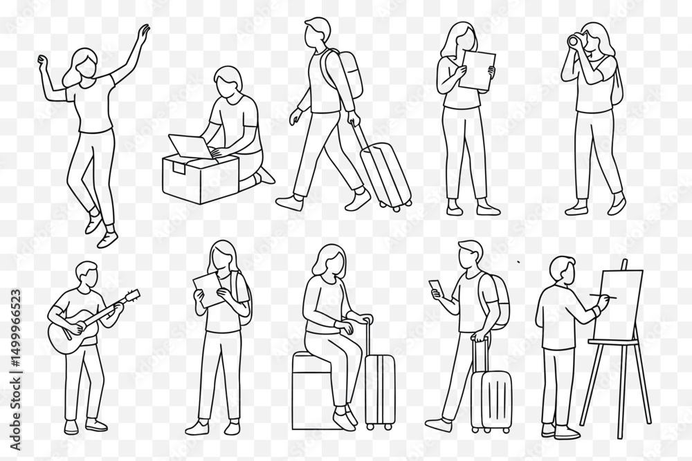 Obraz premium Modern Travel & Creative Activities Minimalist Line Art Illustration Set