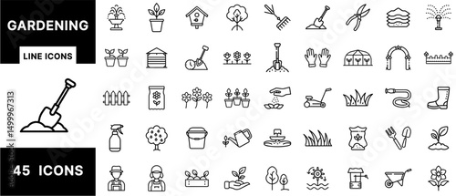 Gardening Line Icons Set – Tools, Plants, Seeds, Watering, Lawn Care, Landscaping, Greenhouse, Gardeners, Nature, Outdoor Maintenance, Horticulture Pack