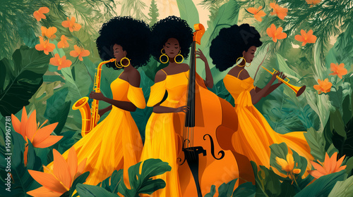 Musicians playing jazz in a tropical forest