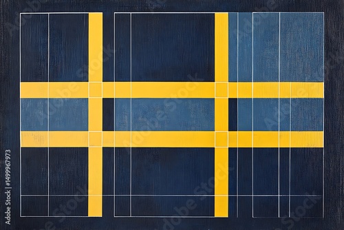 Abstract grid patterns feature navy blue squares and bright yellow lines forming modern art