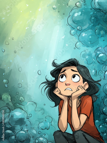 Young woman feeling anxiety, surrounded by rising bubbles, suffers from stress and despair