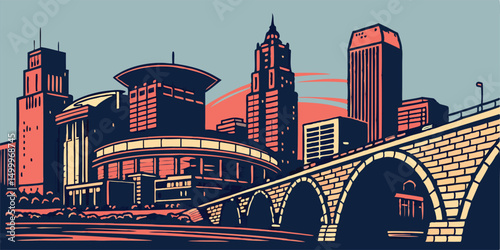 Minneapolis silhouette skyline featuring IDS Center, U.S. Bank Stadium, and Stone Arch Bridge. Great for Twin Cities-themed branding and prints.