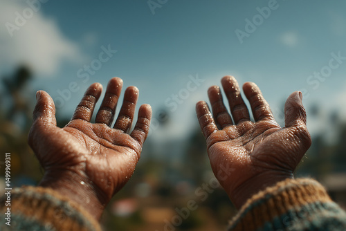 Farmer showing his wet hands after working in the fields