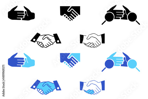 Handshake flat line con set on a white background. Icons related to business agreement handshake, friendly handshake, partnership deal etc. For apps, ui, website design. Vector illustration
