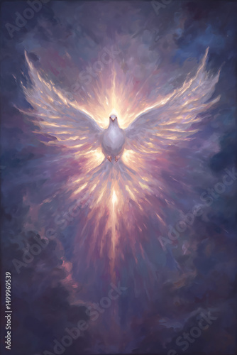 Symbolic Pentecost: luminescent abstract flames or stylized dove descends, giving radiant light, divine inspiration. Ethereal textures for light, spiritual forms. Gestures reverent.