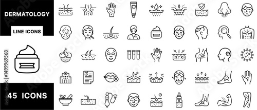 Dermatology Line Icons Set – Skin Care, Acne, Eczema, Psoriasis, Treatment, Skin Layers, Medical Diagnosis, Cosmetic Procedures, Serums, Inflammation Icons