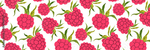 Pink raspberry foliage seamless pattern on white background. Spring garden background. Summer berry menu, cold drinks. Perfect for textile, menu, packaging, kitchen design. Flat vector illustration.