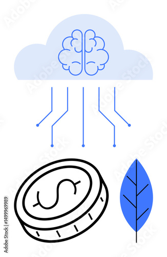 Brain in cloud, circuit lines connecting, coin symbolizing economy, leaf for eco-friendliness. Ideal for AI innovation, data, smart tech, sustainability, fintech eco-tech simple landing page