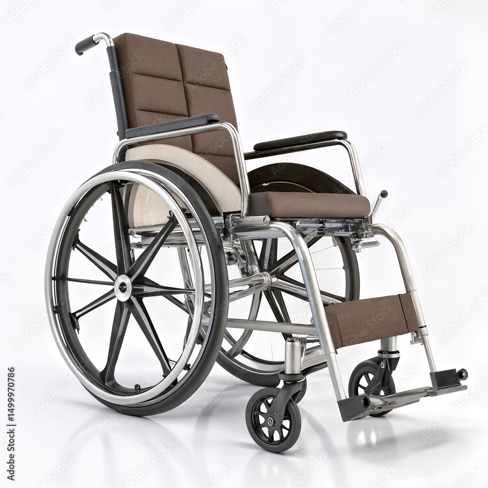 Fototapeta premium Modern wheelchair with brown upholstery and chrome frame isolated on white background
